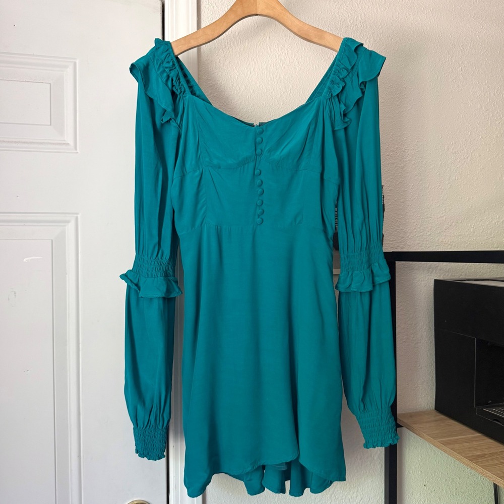 FOR LOVE & LEMONS teal blue green ruffle square neck long puff sleeve mini dress